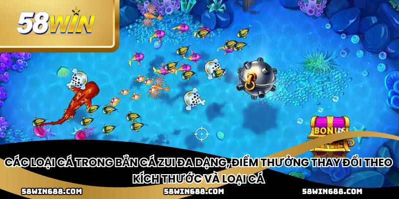 Các loại cá trong bắn cá zui đa dạng, điểm thưởng thay đổi theo kích thước và loại cá